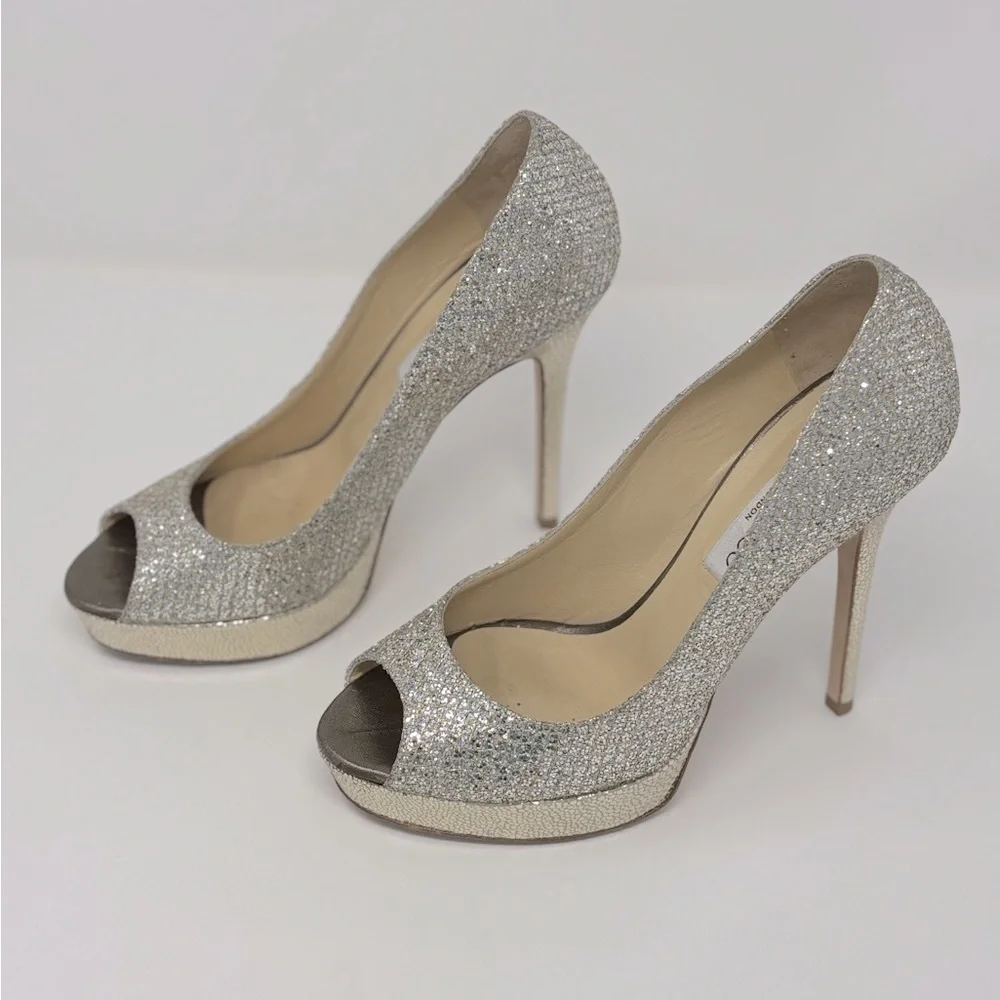 Jimmy Choo Crown Glitter Fabric Champagne Peep Toe Pumps Heels Size 38 - Picture 2 of 12